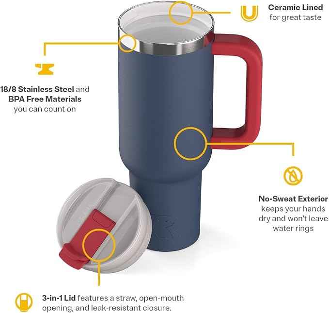 RTIC 40 oz Road Trip Tumbler Double-Walled Cermaic Lined Insulated Stainless Steel Portable Travel Coffee Mug Cup with Lid, Handle and Straw, Patriot