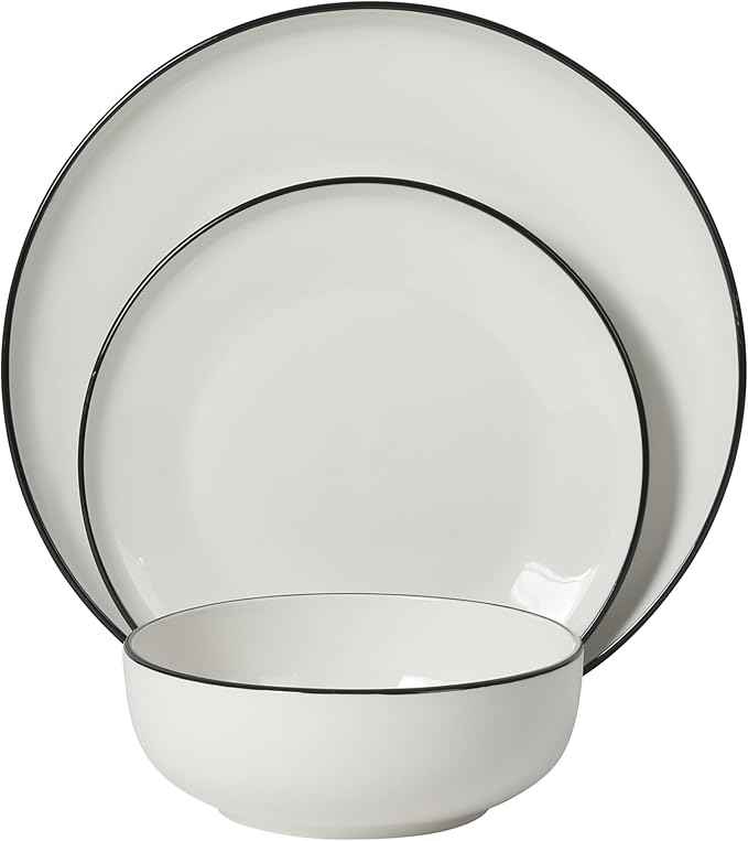 Gibson Home Havenstone 12-Piece Porcelain Dinnerware Set – Dinner Plates, Salad Plates & Bowls, Classic White With Black Rim Everyday Dish Set for Home, Kitchen, Microwave & Dishwasher Safe