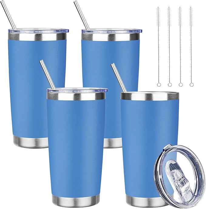 20 oz Tumbler with Lids and Straws, Stainless Steel Insulated Travel Coffee Mug, Double Wall Vacuum Insulated Tumblers, Powder Coated Coffee Tumbler for Cold & Hot Drinks (Sea Blue, 4 Pack)