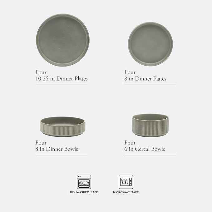Gibson Elite Deerfield 16-Piece Stoneware Dinnerware Set – Soft Grey Reactive Glaze, Stackable Plates and Bowls, Service for 4 – Microwave & Dishwasher Safe