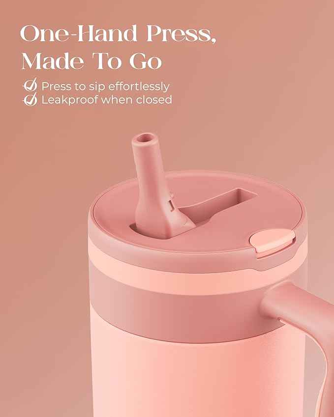 40 oz Insulated Tumbler with Handle and Push-Button Straw Lid, Stainless Steel Travel Cup for Gym Office, Leakproof, BPA-Free, Cup Holder Friendly, Bow Silicone Boot, (Peach Roasted)