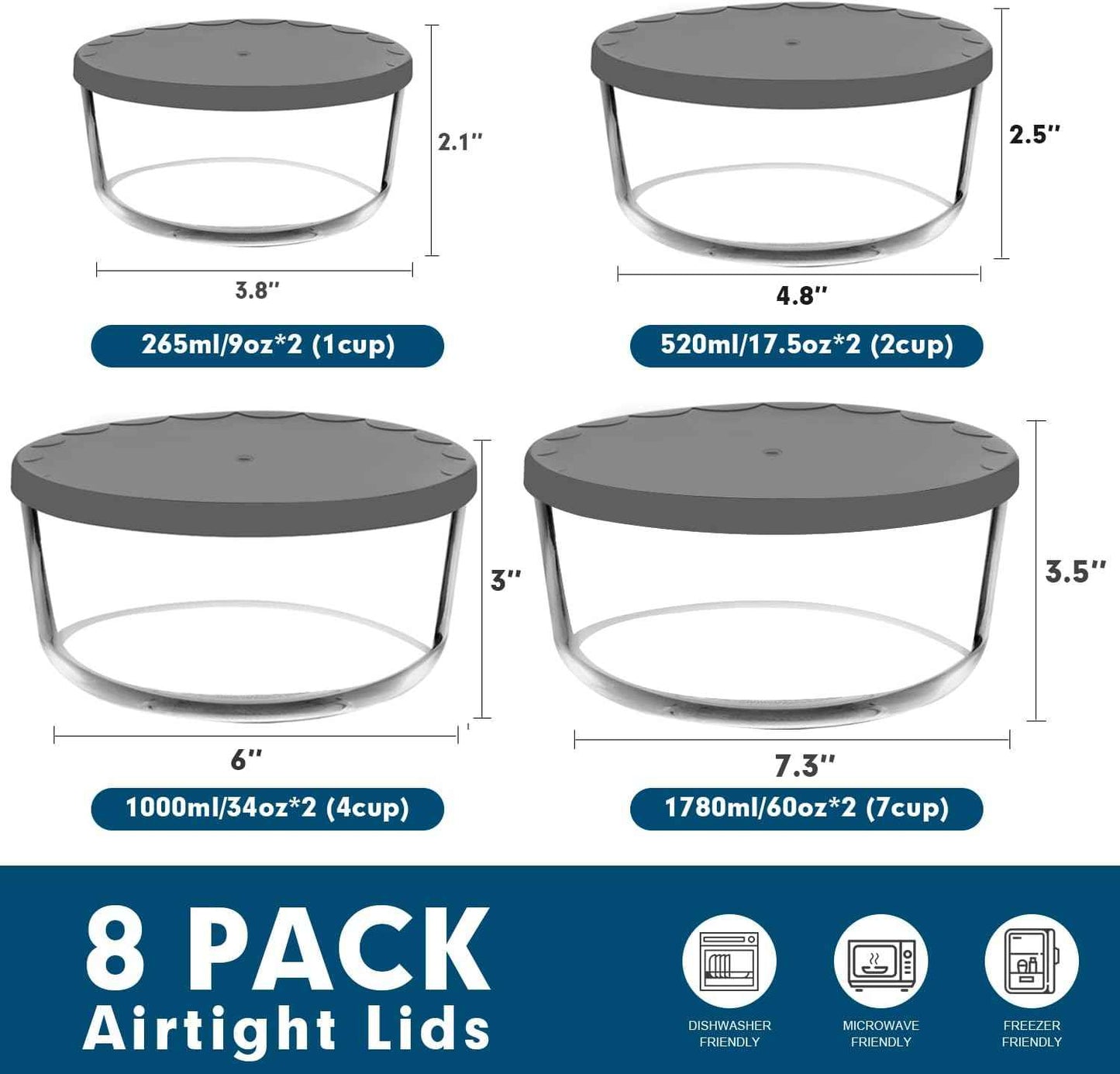 M MCIRCO 8-Pack Glass Food Storage Containers Set, Round Containers with Lids, 7, 4, 2 & 1-Cup, Microwave Dishwasher Friendly, BPA-Free Meal Prep Containers