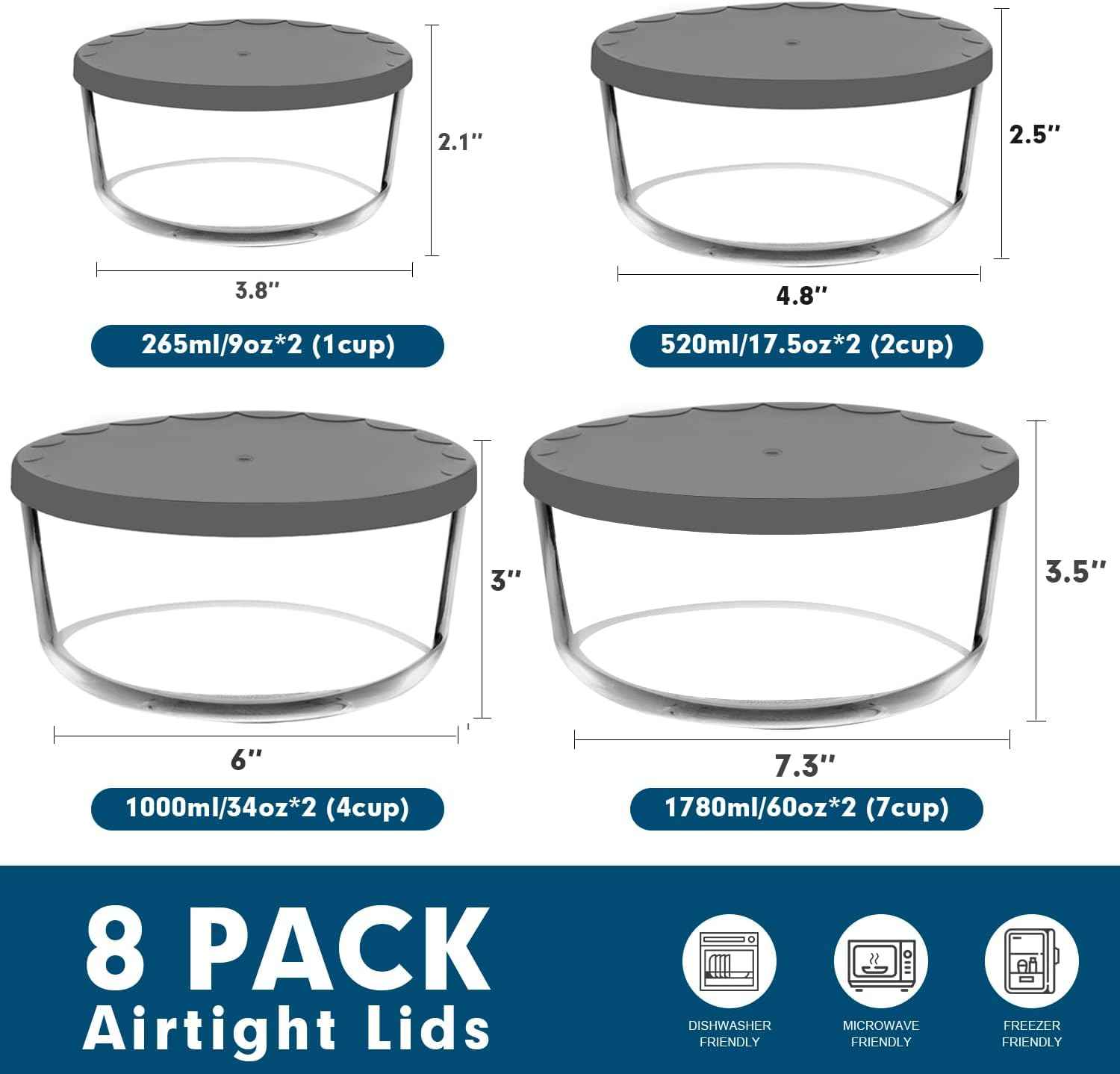 M MCIRCO 8-Pack Glass Food Storage Containers Set, Round Containers with Lids, 7, 4, 2 & 1-Cup, Microwave Dishwasher Friendly, BPA-Free Meal Prep Containers