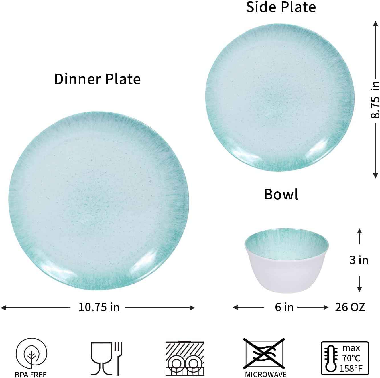 Melamine Dinnerware Set – 4 Dinner Plates, 4 Salad Plates, 4 Cereal Bowls – Shatterproof, Lightweight & Stylish for Everyday Dining, Outdoor, Camping, and RV Use