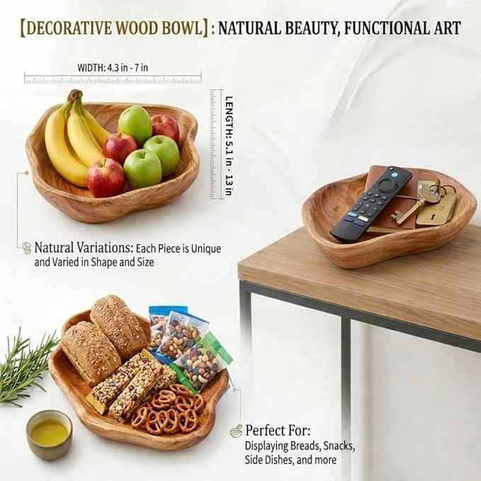 BTEOBFY Natural Wood Fruit Bowl 11-13 inch, Unique Handmade Wood Serving Platter, Wood Fruit Snack Dish for Sandwich Bread Serving, Appetizer Display, Vintage Ring Dish, Hand Carved Artworks