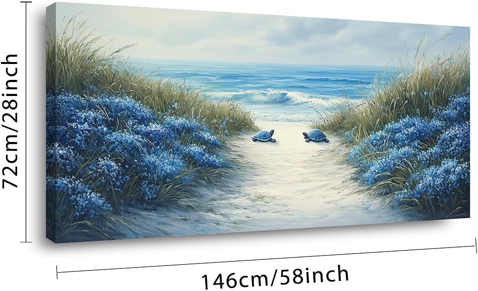 LASMOND Romantic Beach Wall Art for Living Room Blue Sea Turtle Lovers Canvas Painting Prints Ocean Sandy Romance Flowers Large Bedroom Office Decor Artwork (58x28 Inches)