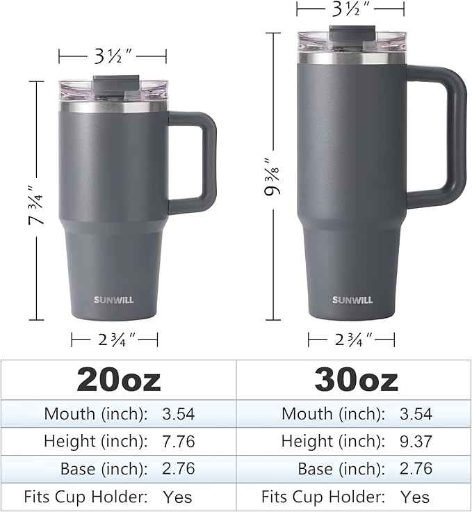 SUNWILL Travel Coffee Mug with Lid, 30 oz Tumbler with Handle and Straw Leak Proof, Stainless Steel Cup Insulated for Office & Camping, Cupholder Friendly, Powder Coated Charcoal