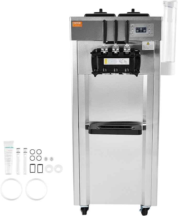 VEVOR 1850W Commercial Soft Ice Cream Machine 3 Flavors 5.5 to 8.2Gallon per Hour PreCooling at Night Auto Clean LCDPanel for Restaurants Snack Bar, Sliver