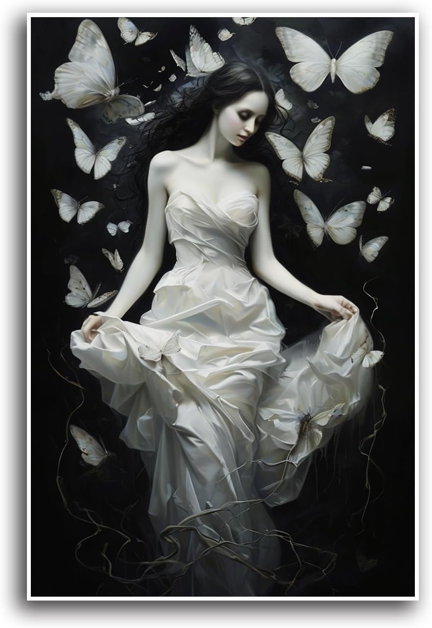 JFHCQJPK Vintage Gothic Feminine Canvas Wall Art Print Butterfly Poster Moody Preppy Wall Art Dark College Decor for Home Bedroom12x16in Frameless
