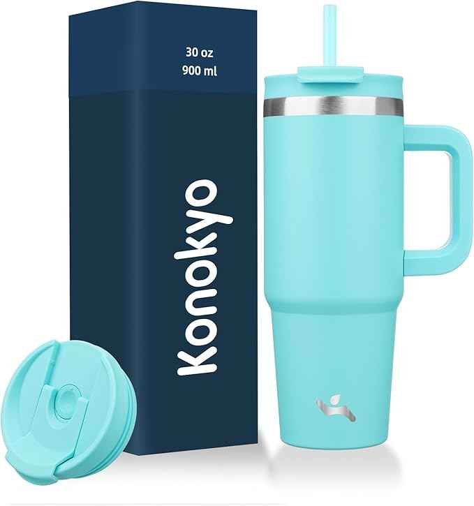Konokyo 30 oz Tumbler with Handle and 2 Straws,2 in 1 Lid Insulated Water Bottle Stainless Steel Travel Coffee Mug,Turquoise