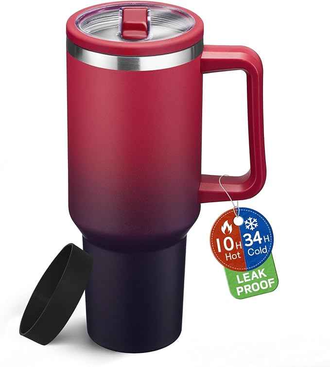 BENZZO 40 oz Tumbler with Handle, Stainless Steel Water Bottle Leakproof Flip Straw Insulated Travel Coffee Mug for Hot and Cold 34H