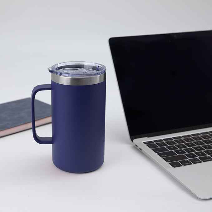 DOMICARE 24oz Mug with Handle and Lid, Stainless Steel Coffee Mug, Reusable Insulated Cup, Travel Mug with Handle, Double Wall Vacuum Coffee Tumbler for Men and Women, Navy, Pack 1
