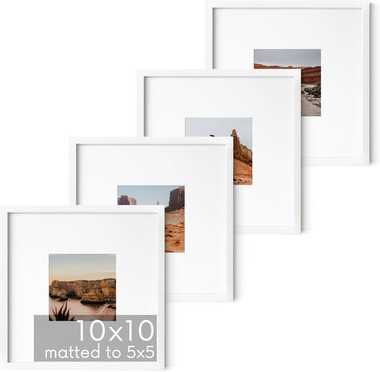 HAUS AND HUES 10x10 White Metal Picture Frames Matted to 5x5 - Features Premium Aluminum & Hanging Hardware, Shatterproof Plexiglass - Ideal for Home, Room, Office (10x10 in, White, Set of 4)