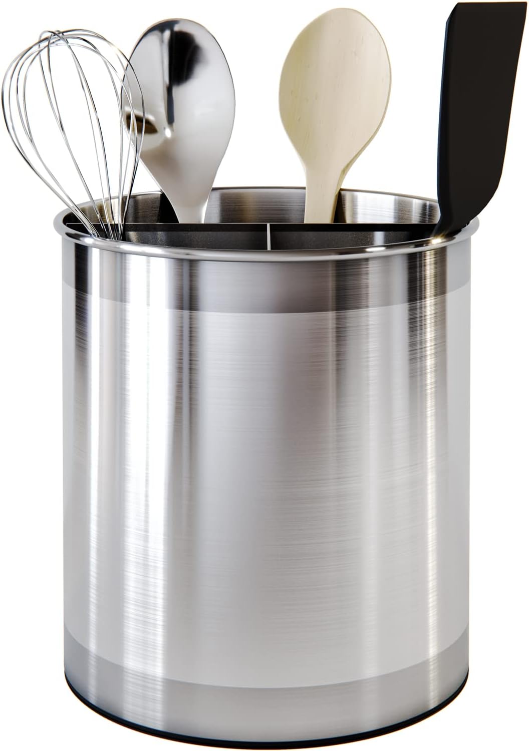 Cooler Kitchen Rotating Extra Large Stainless Steel Utensil Holder Caddy with Sturdy No-Tip Weighted Base, Removable Divider, and Gripped Insert Bottom -Dishwasher Safe Metal Cooking Utensil Holder