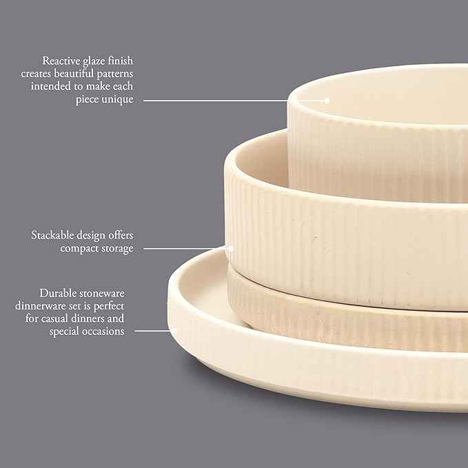 Gibson Elite Deerfield 16-Piece Stoneware Dinnerware Set – Cream White Reactive Glaze Plates and Bowls, Stackable Design, Service for 4 – Dishwasher & Microwave Safe