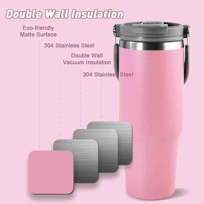 30 oz Tumbler with Handle and Straw Lid, Double Walled Vacuum Insulated Water Bottle Leakproof Tumbler Travel Coffee Mug Thermal Cup, Cupholder Friendly for Office, Home, Sport, Pink