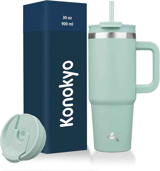 Konokyo 30 oz Tumbler with Handle and 2 Straws,2 in 1 Lid Insulated Water Bottle Stainless Steel Travel Coffee Mug,Retro Green