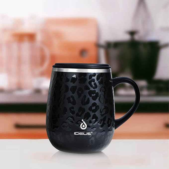Ideus 16 oz (470 ml) Insulated Coffee Mug with Handle and Lid, Double Wall Stainless Steel Vacuum Thermal Coffee Mug, Travel Coffee Cup Thermal Cup for Home and Office, Leopard Black