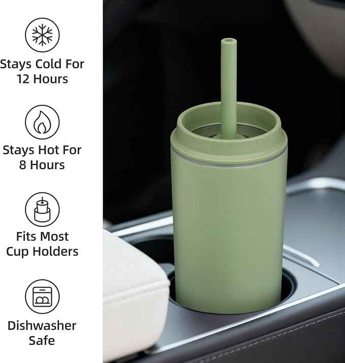 BJPKPK Insulated Tumbler with Lid and Straw,12 oz Stainless Steel Travel Coffee Mug,Spill Proof Thermal Cup,Keep Drinks Cold and Hot,Sage Green