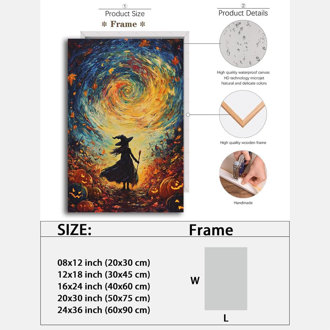 Halloween Autumn Witchy Decor Wall Art Prints,Gothic Witch in Whirlwind Autumn with Pumpkins Scene Pictures Poster,Fall Festival Home Decor Painting Canvas Poster for Bedroom Bathroom,8"x12" Framed