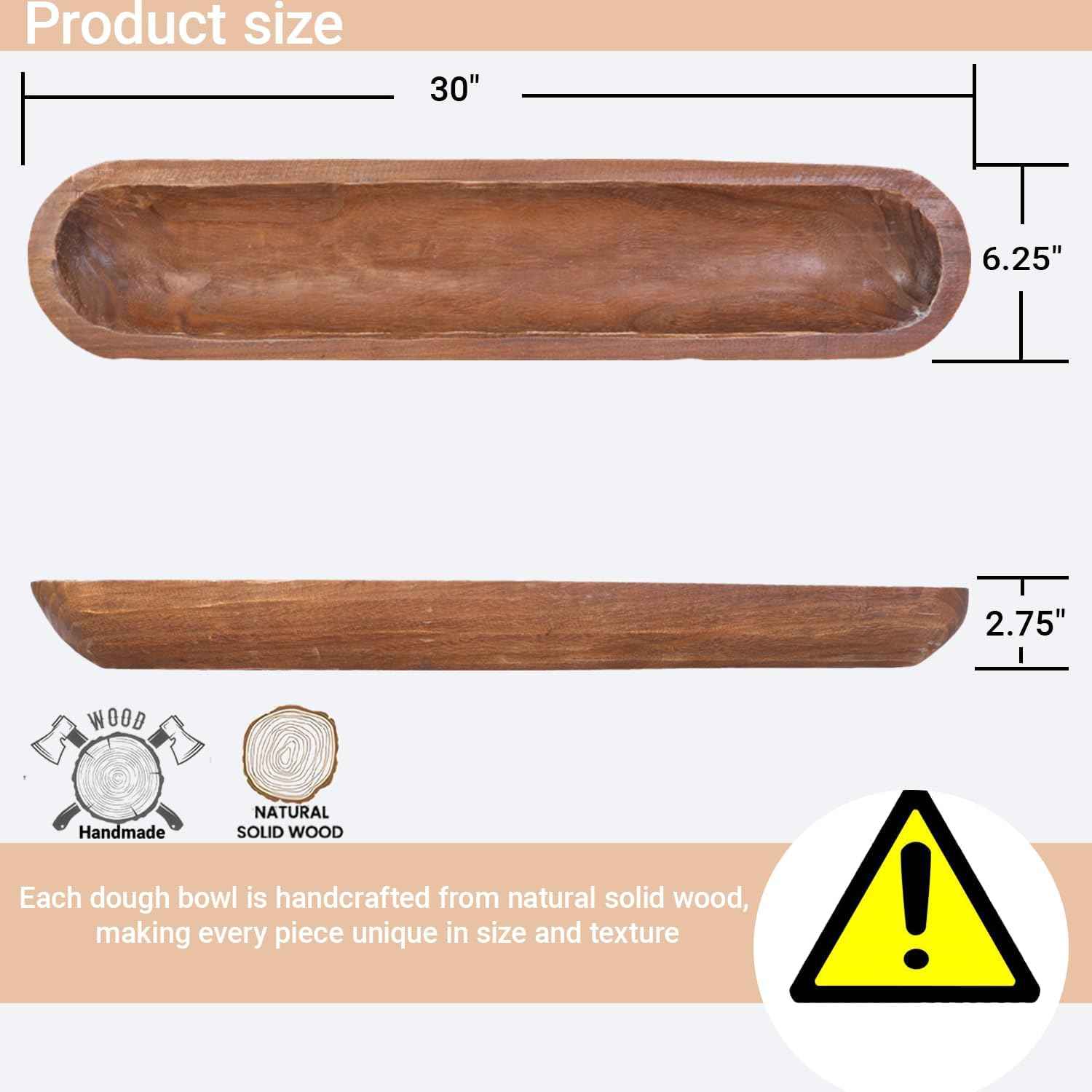 Athaliah Wooden Dough Bowl, Hand Carved Rustic Long Wood Dough Bowls for Decor, Vintage Decorative dough bowl for Table Centerpiece (30 Inch-Brown)