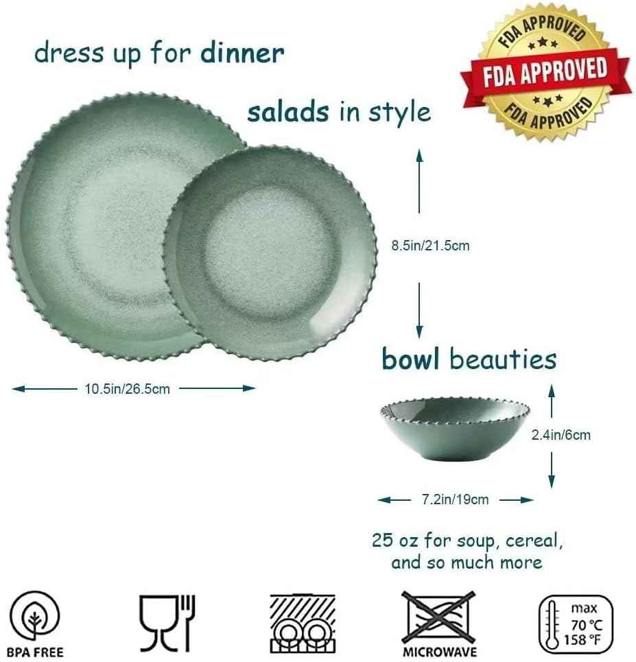 MissYIP 12 Piece Melamine Dinnerware Sets, Service for 4, Lightweight Unbreakable, BPA Free, Food Grade Plates Sets, Dishwasher Top Safe, Not Microwave, Not Oven, Indoor and Outdoor Use