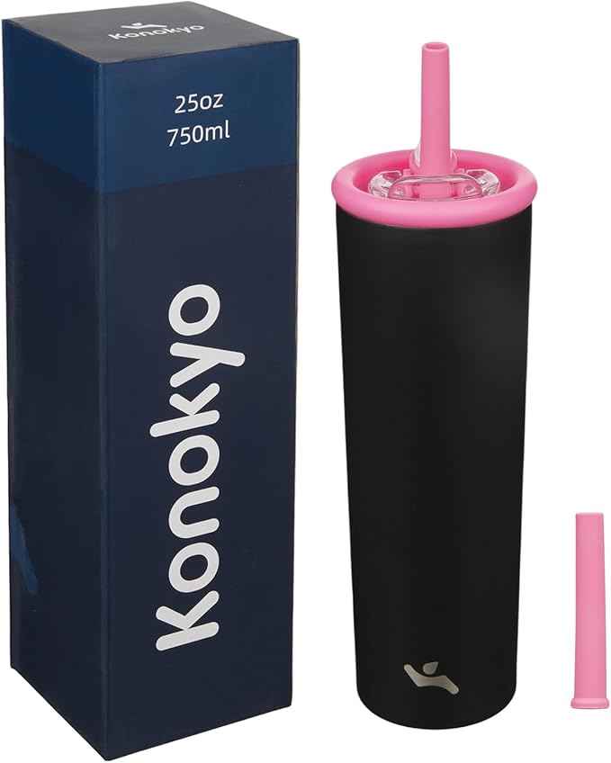 Konokyo 25oz Insulated Tumbler with Lid and Straw, Reusable Iced Coffee Cup with Lid, Travel Coffee Mug, BPA-Free, Leak-Proof and Durable, Black