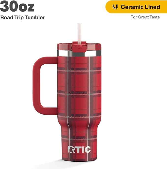 RTIC 30 oz Road Trip Tumbler Double-Walled Ceramic Lined InsulatedStainless Steel Portable Travel Coffee Mug Cup with Lid, Handle and Straw, Red Plaid