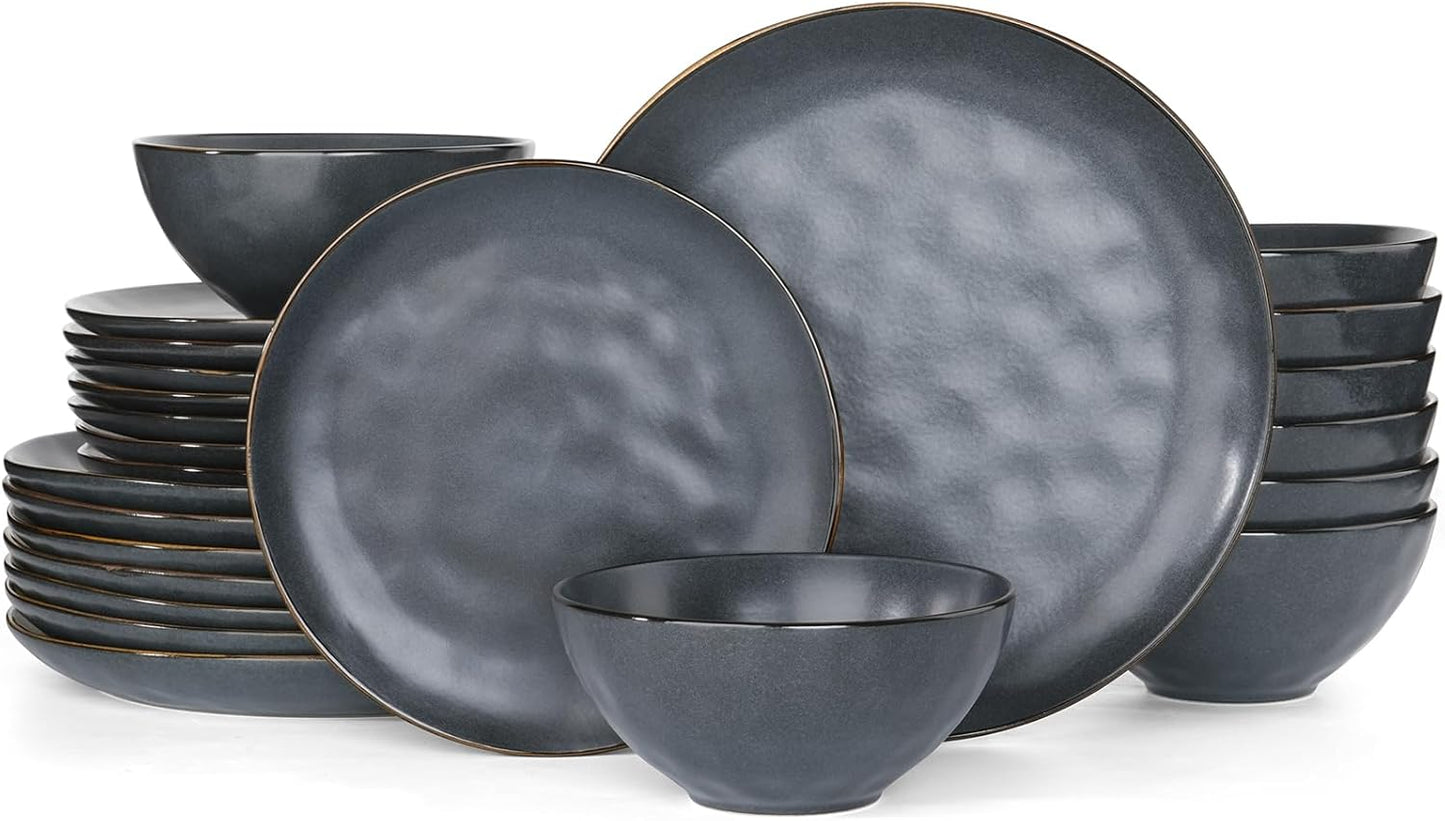 Famiware Dinnerware Sets for 6, Ocean Round 18-Piece Kitchen Plates and Bowls Sets, Microwave and Dishwasher Safe, Scratch Resistant, Matte Black