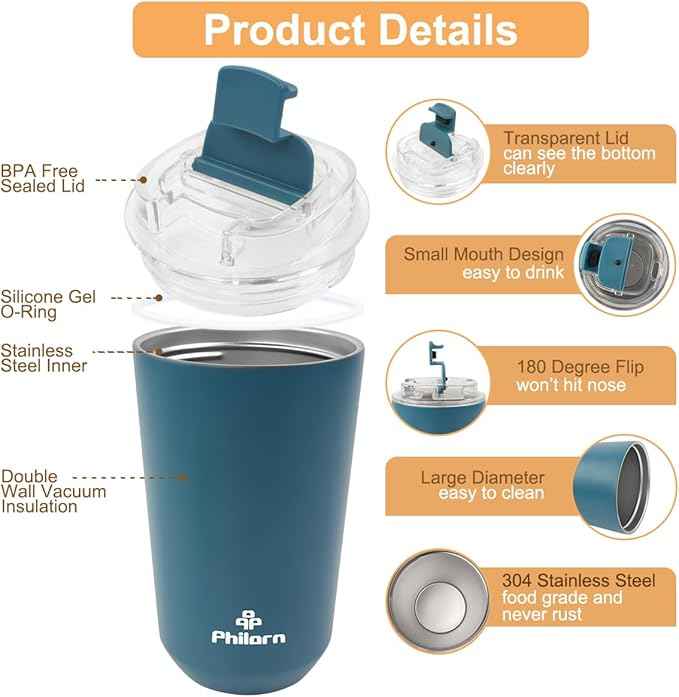 PHILORN Coffee Mug with Lid, 12 OZ Travel Mug, Leak-proof to go Coffee Mug, Stainless Steel Thermal Coffee Mug with Double Wall, Insulated Coffee Tumbler for Men and Women for Hot & Cold Drinks, P922
