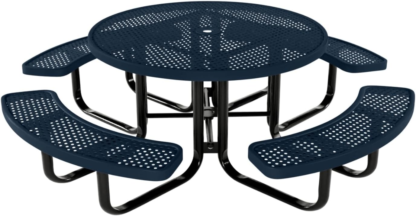 Coated Outdoor Furniture Heavy-Duty Portable Outdoor Kids Table with Umbrella Hole, Punched Steel Kids Picnic Table, Commercial-Grade, Made in America (46 In, Round, Childrens, Dark Blue)