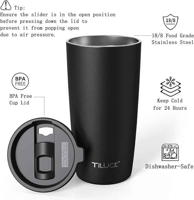 TILUCK 20 oz Insulated Tumbler with BPA-Free Lid, Stainless Steel Vacuum Travel Coffee Mug, Double Wall Coffee Tumbler（20oz，Matte Black）