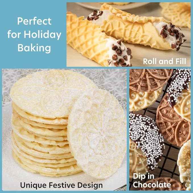 Piccolo Pizzelle Baker- Nonstick Electric Press Makes 4 Mini Cookies at Once, Even Heating- Fun Baking Machine w Recipe Guide, Mothers Day Brunch Party Supplies, Italian Waffle Dessert Treat Making