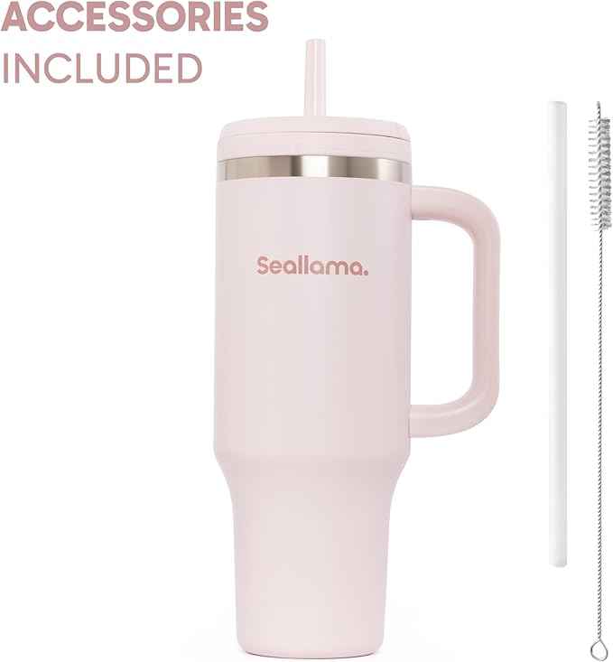 Seallama. Tumbler with Handle and Straw 40 oz | Cup Holder Compatible for Travel | Insulated Stainless Steel Cup | BPA-Free | (Pink Mochi)