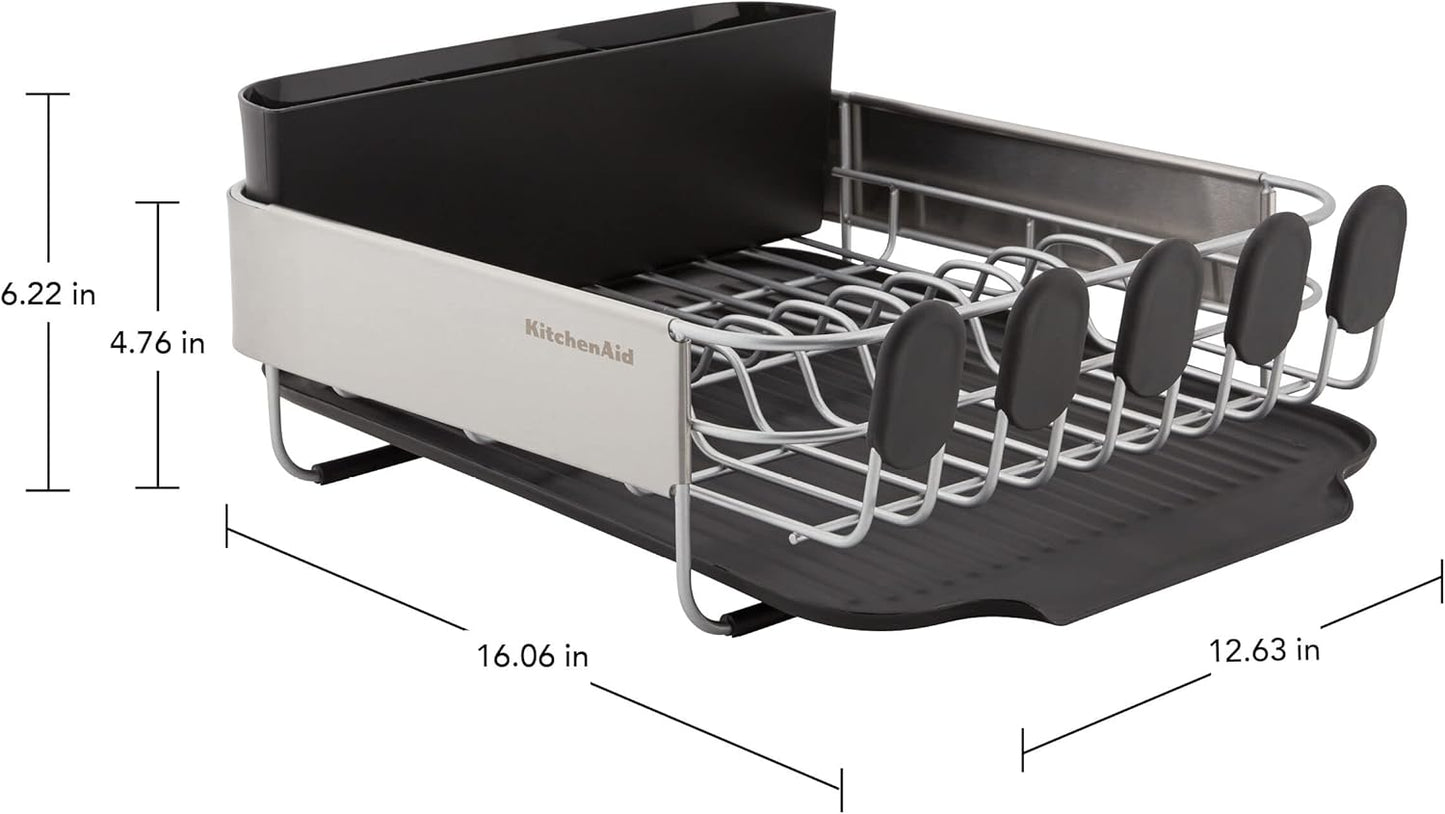 KitchenAid Compact, Space Saving Rust Resistant Dish Rack with Removable Flatware Caddy and Angled Self Draining Drainboard, 16.06-Inch, Black