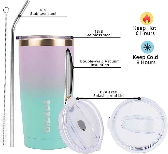 BJPKPK Insulated Stainless Steel Tumbler, Coffee Cup with Lid and Straw, Double Wall Vacuum Travel Mug, Powder Coated Leakproof Tumbler Cup,Lavender Green