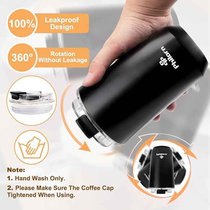 PHILORN Travel Mug Spill Proof - 12 OZ Insulated Coffee Cup With Lid, Black Stainless Steel Coffee Mug with Double Wall, For Hot and Cold Drinks