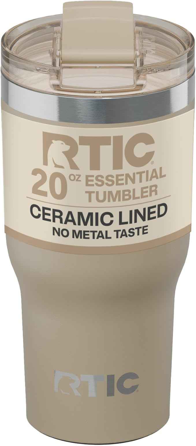 RTIC 20oz Essential Tumbler with Lid, Ceramic Lined, Insulated, Stainless Steel, Metal, Double Wall Vacuum-Insulation, Travel Cup for Iced Coffee, Tea, Hot and Cold Drink, Beach