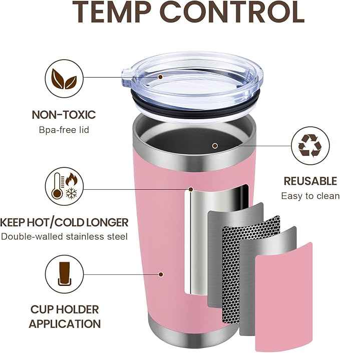 MEWAY 20oz Tumbler Cup Double Wall Vacuum Insulated Travel Mug Bulk, Stainless Steel Tumblers with Lid and Straw, Durable Powder Coated Coffee Cups for Cold & Hot Drinks (Pink, 1)