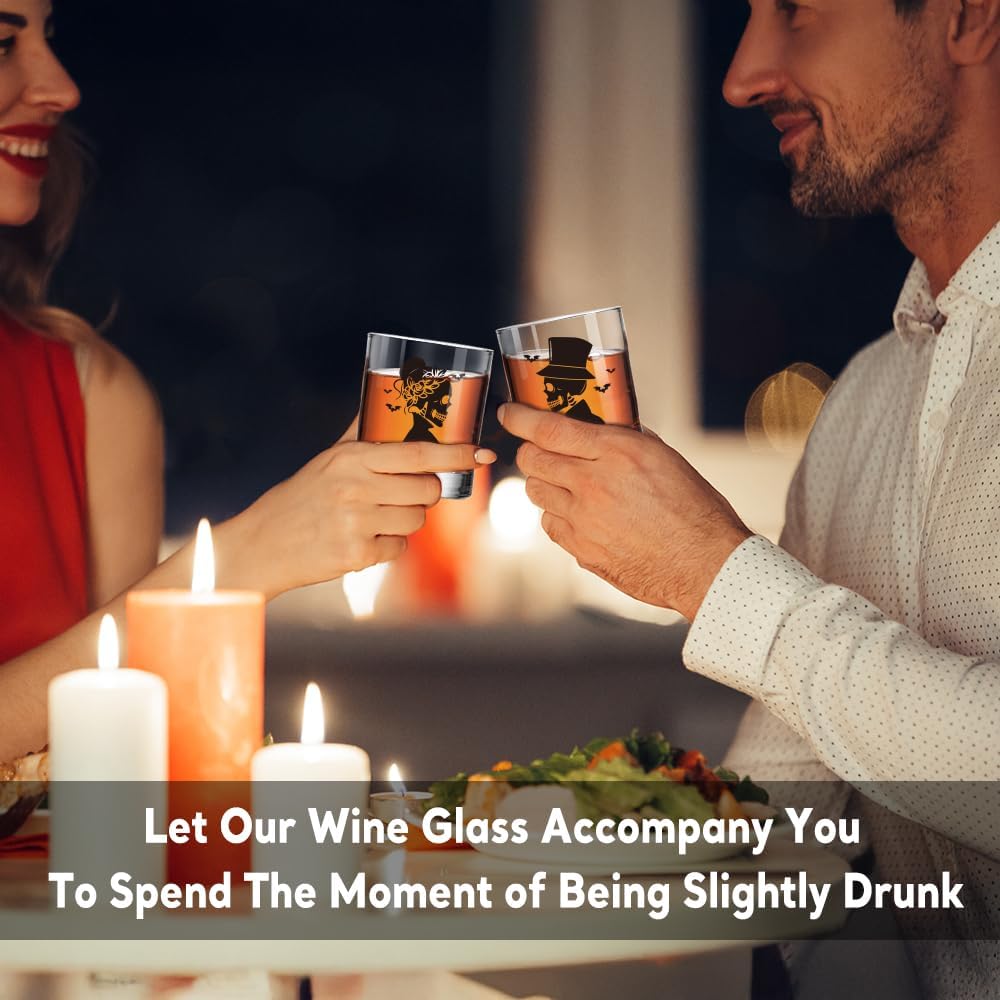 Perfectinsoy Skull Whiskey Glass 2 Piece with Metal Card, Couple Skull Gothic Design, Anniversary Wedding Gifts, Couple Gift for Boyfriend and Girlfriend, Valentine's Day Fall Halloween