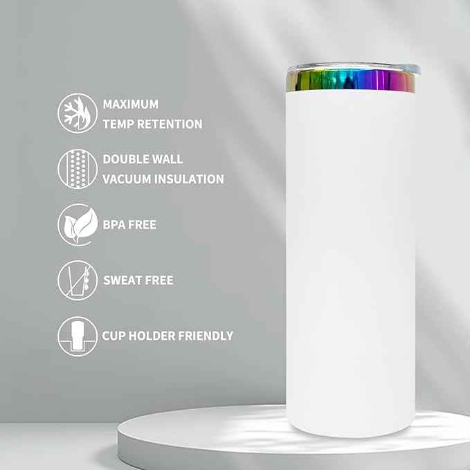 20 oz Skinny Tumblers Stainless Steel Tumbler with Lid and Straw Double Wall Vacuum Insulated Coffee Mug 20oz Powder Coated Cup for Hot and Cold Drinks(White,8 pack)