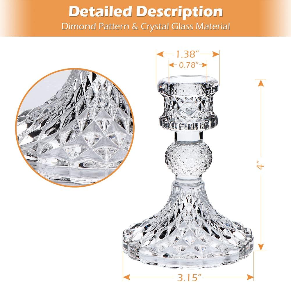 DARJEN Candlestick Holders Set,12Pcs 4" H Taper Candle Holders Bulk, Clear Glass Candle Holders for Wedding, Spring Party, Romantic Dinner, Festival & Windowsill Decor