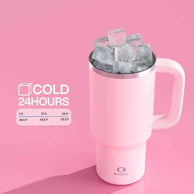 32 oz Tumbler with Handle and Straw: Stainless Steel Insulated Tumbler Keeps Cold for 24 Hours, Leakproof Travel Cup Fits in Cup Holder and BPA-Free, Cotton Candy
