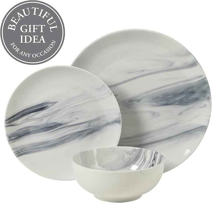 Gibson Home Cloudlight 12 Piece Plates and Bowls Dishes Blue and White - Decorated Porcelain Ceramic Dinnerware Set - Service for 4
