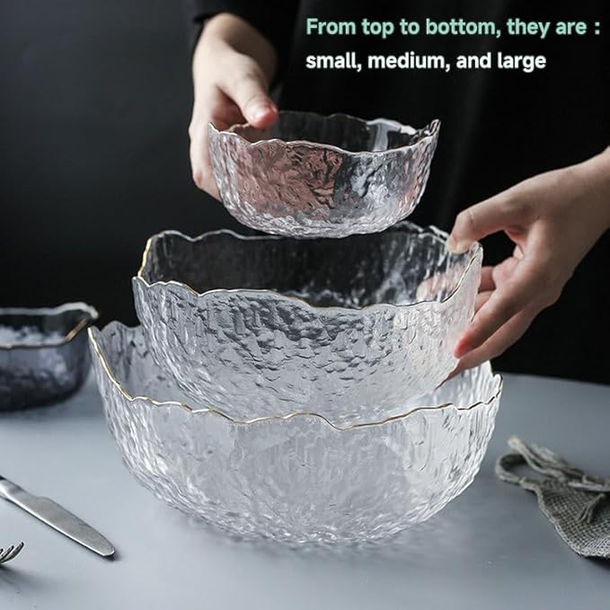 Glass Salad Bowl Irregular Lotus Flower Shape Serving Bowls, Mixing Nut Bowls for Kitchen Fruist, Snack, Dessert, and Ice Cream Candy Dishes (Crystal Clear with Gold Rim, 4.9")
