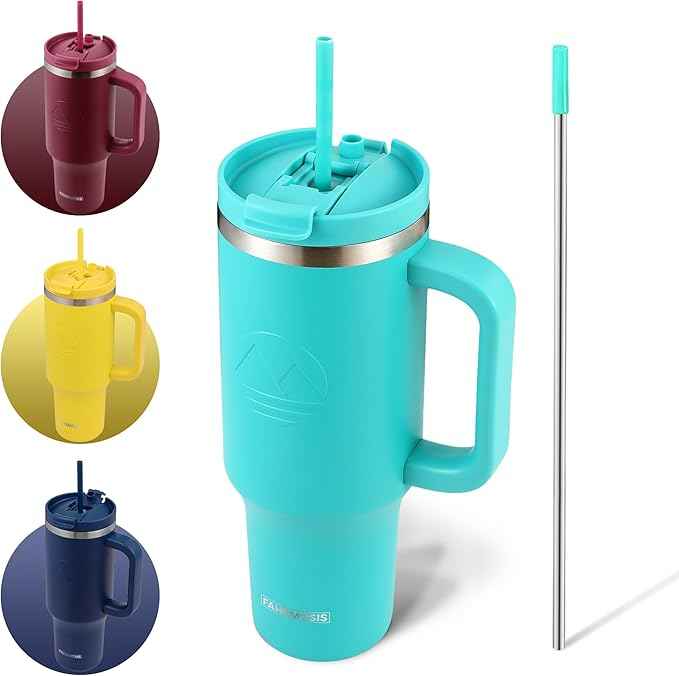 FAHRMOSIS 40 Oz Tumbler with Handle and Straw Insulated Cup that Fits in Cup Holder for Hot & Cold Drinks Leak Proof Tumbler with Straw Stainless Steel Travel Mug for Men & Women - Teal