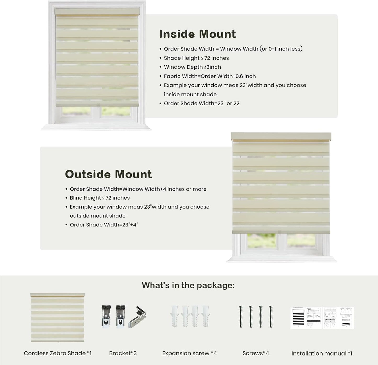 Cordless Zebra Blinds for Windows,Free-Stop Roller Zebra Shades,Light Filtering Blinds for Indoor windows with Upgraded Cassette,Pull Down Privacy Window Shades for Home (36" W x 72" H, Ivory)
