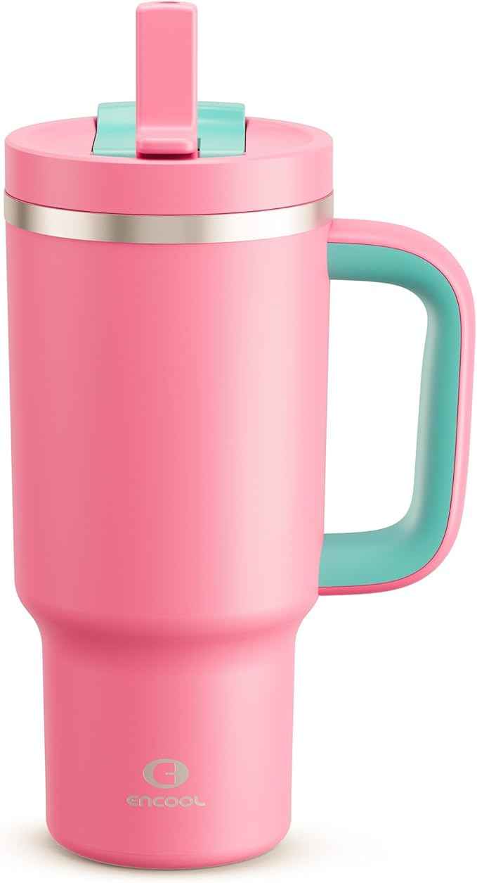ENCOOL 32 oz Tumbler with Handle and Straw: Stainless Steel Insulated Tumbler Keeps Cold for 24 Hours, Leakproof Travel Cup Fits in Cup Holder and BPA-Free,Tulip