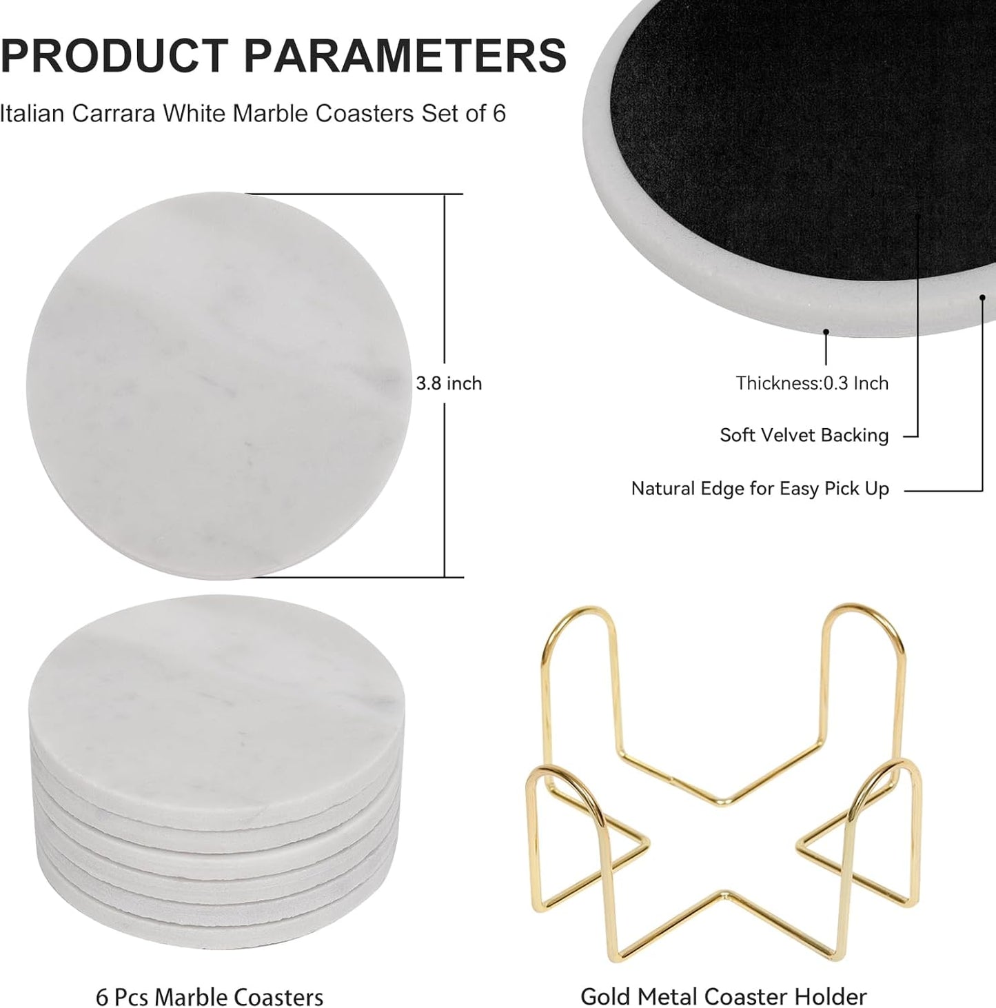 Carrara White Marble Coasters Set of 6 with Holder, Elegant Modern Round White Marble Drink Coasters for Coffee Table Decor, Semi Absorbent Stone Coaster for Drinks, Velvet Backed