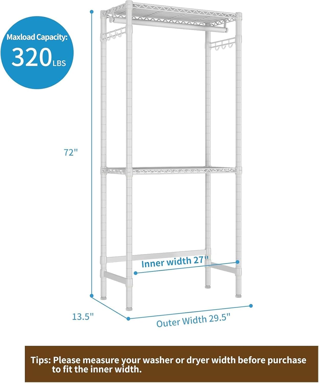 Over Washer and Dryer Shelves,2 Tier Adjustable Height Wire Shelving Laundry Room Storage Organization Clothes Drying Rack with Hanger Rod&Hooks,Space Saving Organizers Shelf,White - Lumora Casa